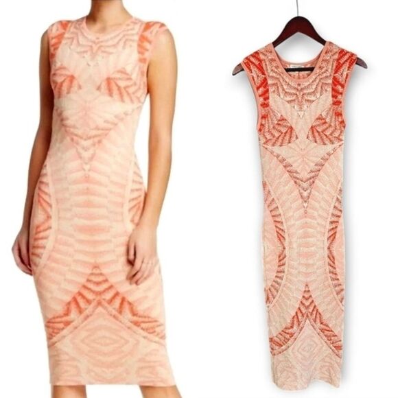 Ronny Kobo Tropez Blister Stitch Victoria Midi Textured Dress Coral Nude Combo M - Picture 1 of 13